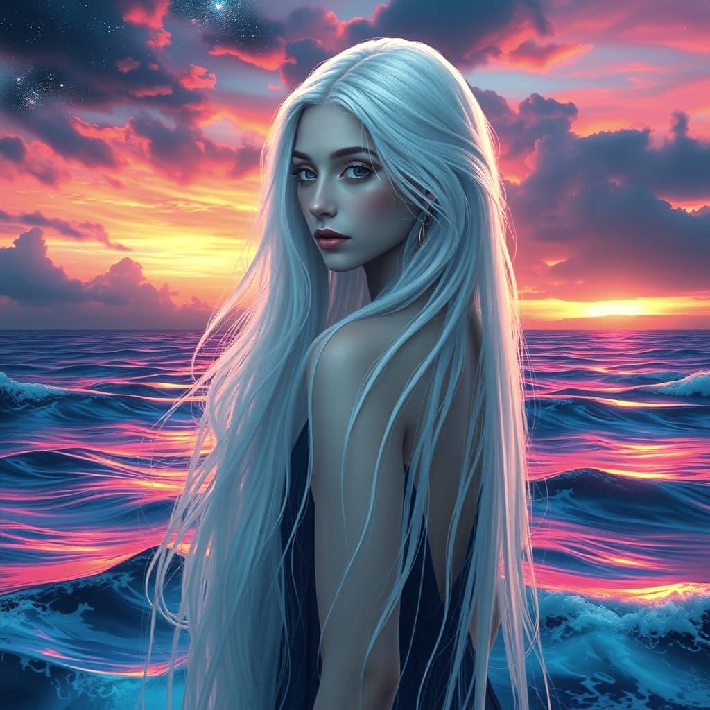 Ethereal Goddess in Vibrant Sunset Paradise