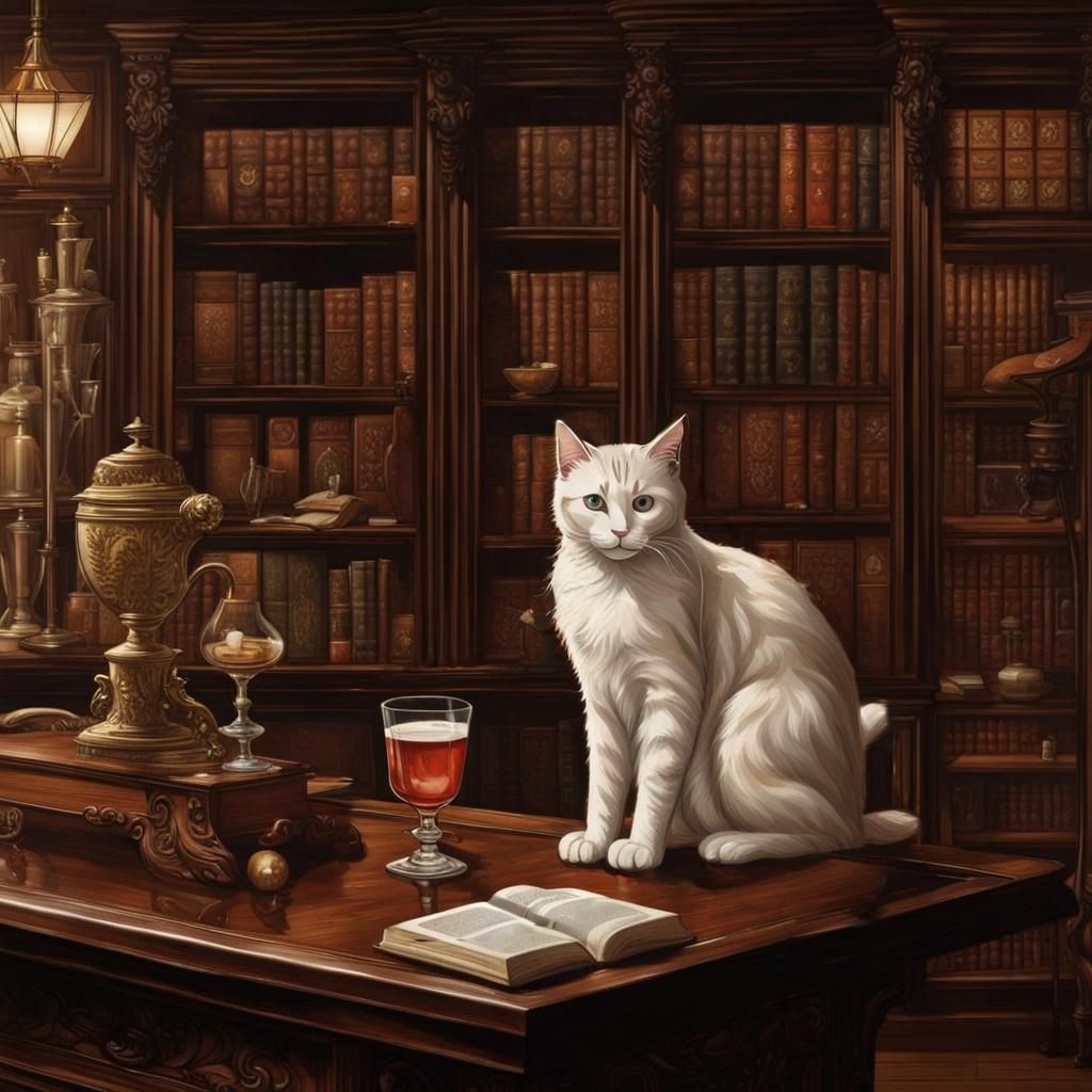 Regency Cat Enjoying KFC in Dark Academia Bar