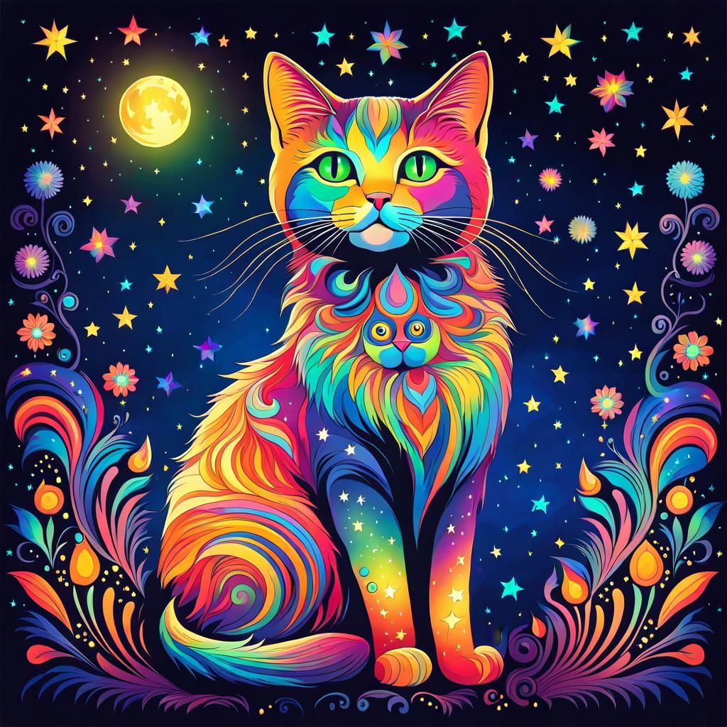 Psychedelic Cat Under Starry Sky with Radiant Moon