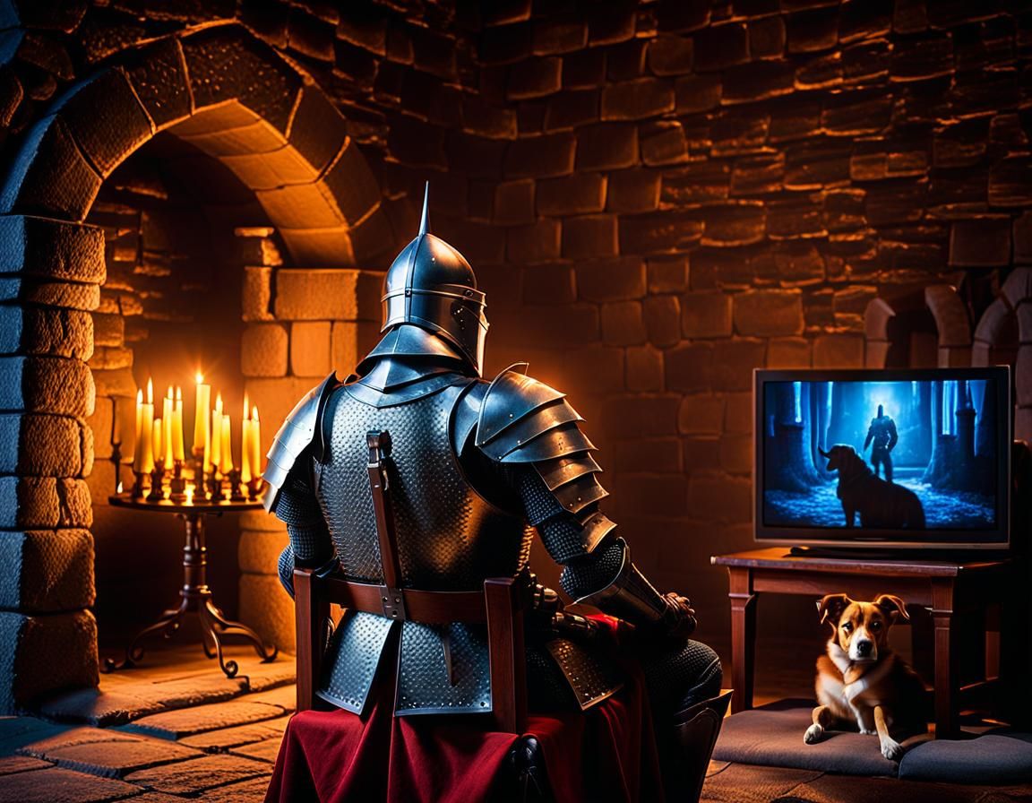 Medieval Knight Watches TV in Hyperrealistic Castle