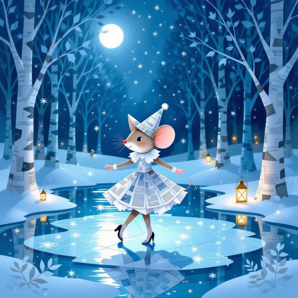 Whimsical Paper Mouse Dances Under Moonlight in Winter Fores...