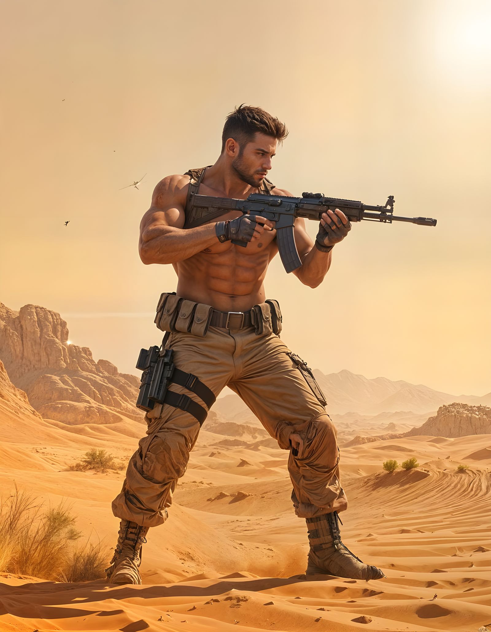 Muscular Soldier Aims Rifle in Scorching Desert Sun