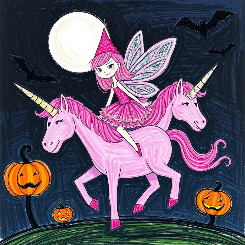 Crude child-like drawing  pink fairy riding a ( pink unicorn with a
Pink horn )on   Halloween  night done in crayons