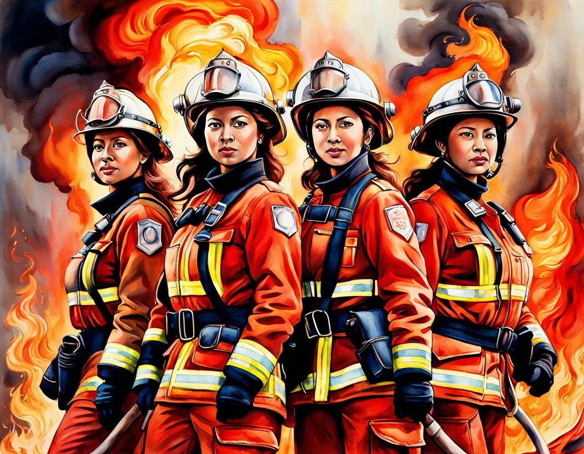 Empowered Women Firefighters Emerge from Flames: Watercolour...