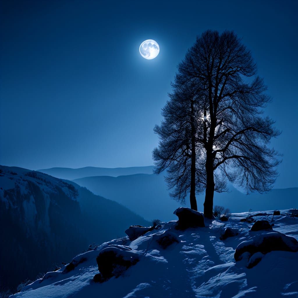 Mystical Moonlight Landscape with Silhouetted Figure