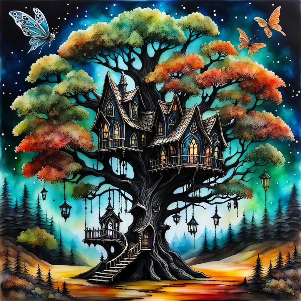 Gothic Fairy Treehouse in Alcohol Ink Style