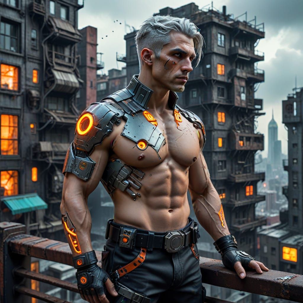 Gritty Cyberpunk Hero Stares Out into a Futuristic Dystopian...