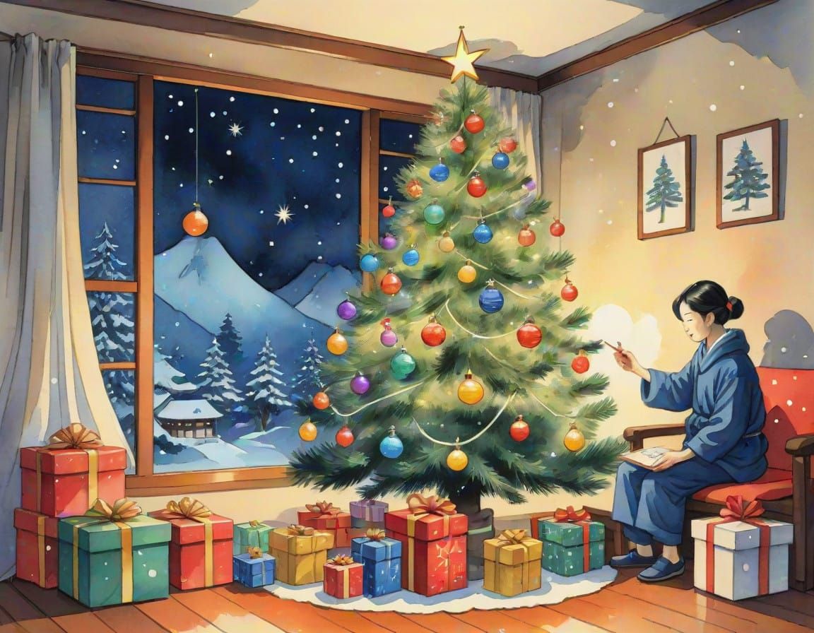 Christmas Fir Tree Decorating in Whimsical Ukiyo-e Style
