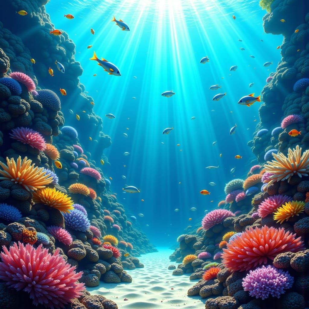 Vibrant Coral Reef with Fish and Sunlight in Digital Paintin...