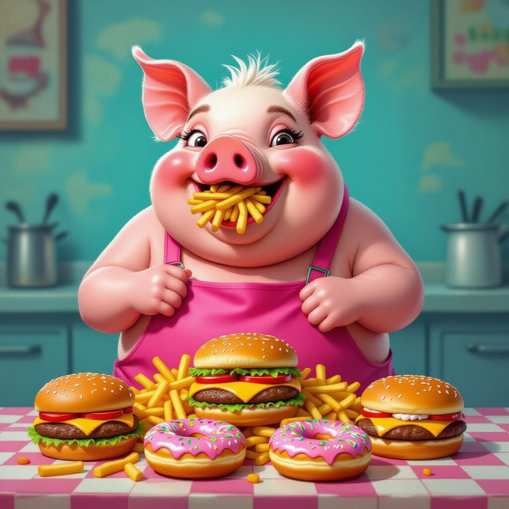 Plump Pig Enjoys Junk Food in Vibrant Style