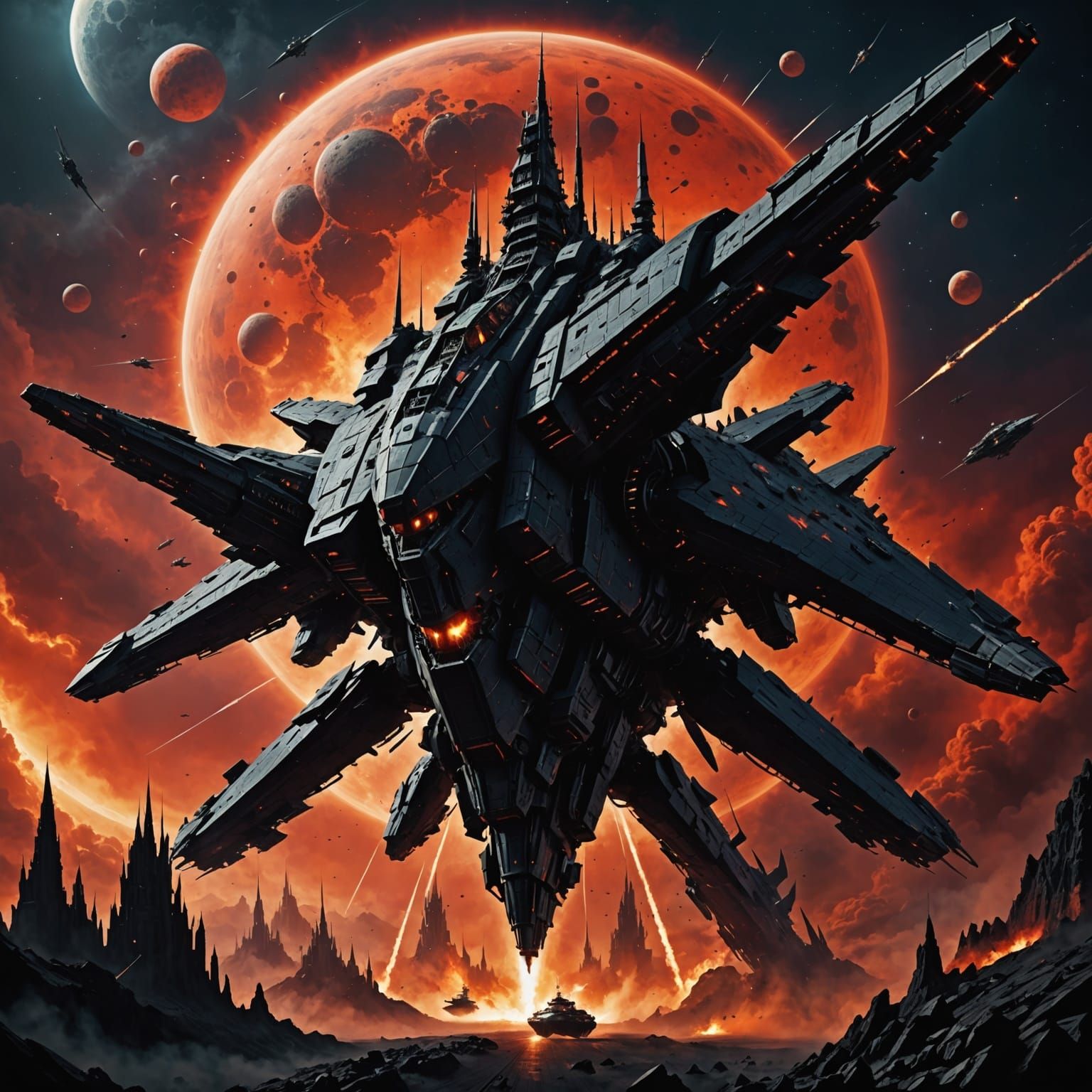 Gothic Spaceship Over Alien Planet in Dark Fantasy Style