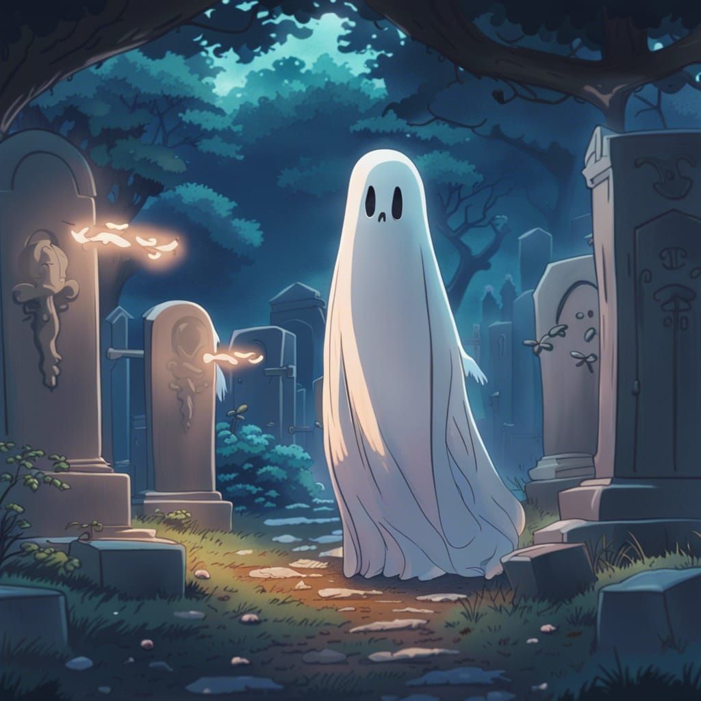 Cute Lady Ghosts Play in Graveyard: Digital Illustration