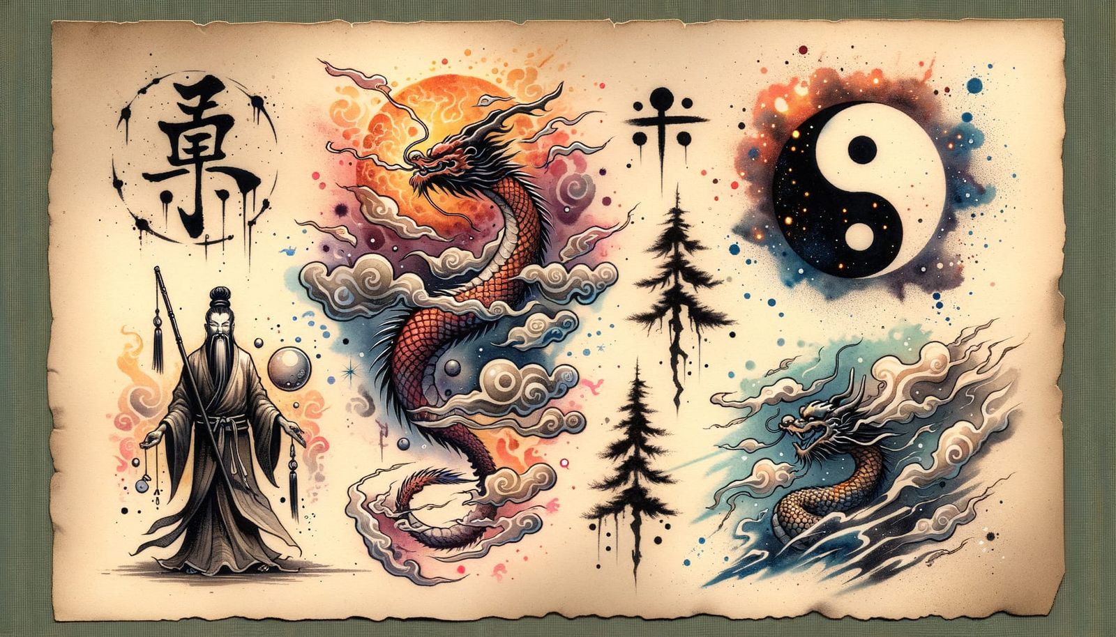 Taoist Tattoo Flash Sheet with Ink and Watercolor Designs