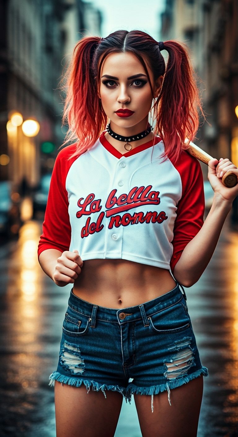 Confident Woman with Auburn Pink Hair in Urban Setting