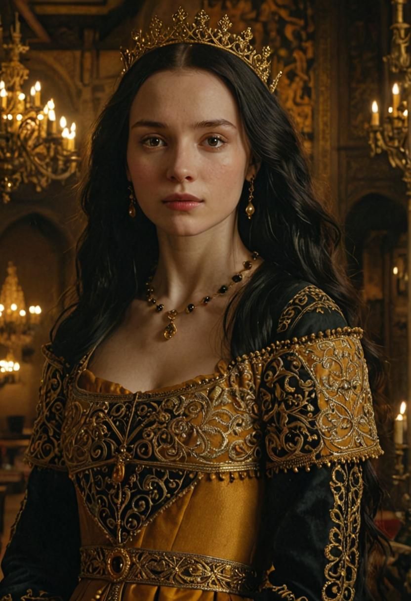 Medieval Lady in Luxurious Hall with Dramatic Lighting