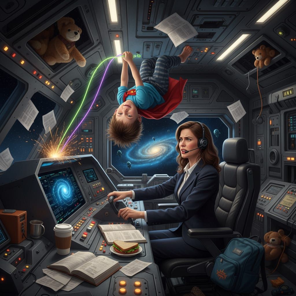 Humorous Woman Pilots Spaceship with Kid Climbing Ceiling