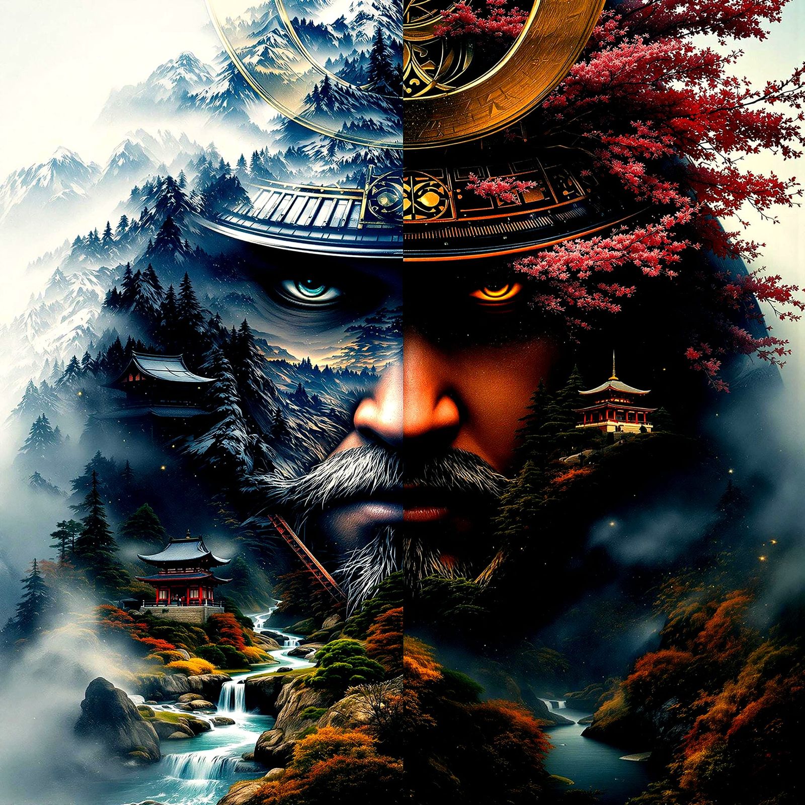 Hyperrealistic Samurai Portrait in Stunning Double Exposure