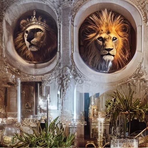 Double exposure of the triad, with thoughts of his queen in the background, portrait of the lion king, lush mane, ((expe...