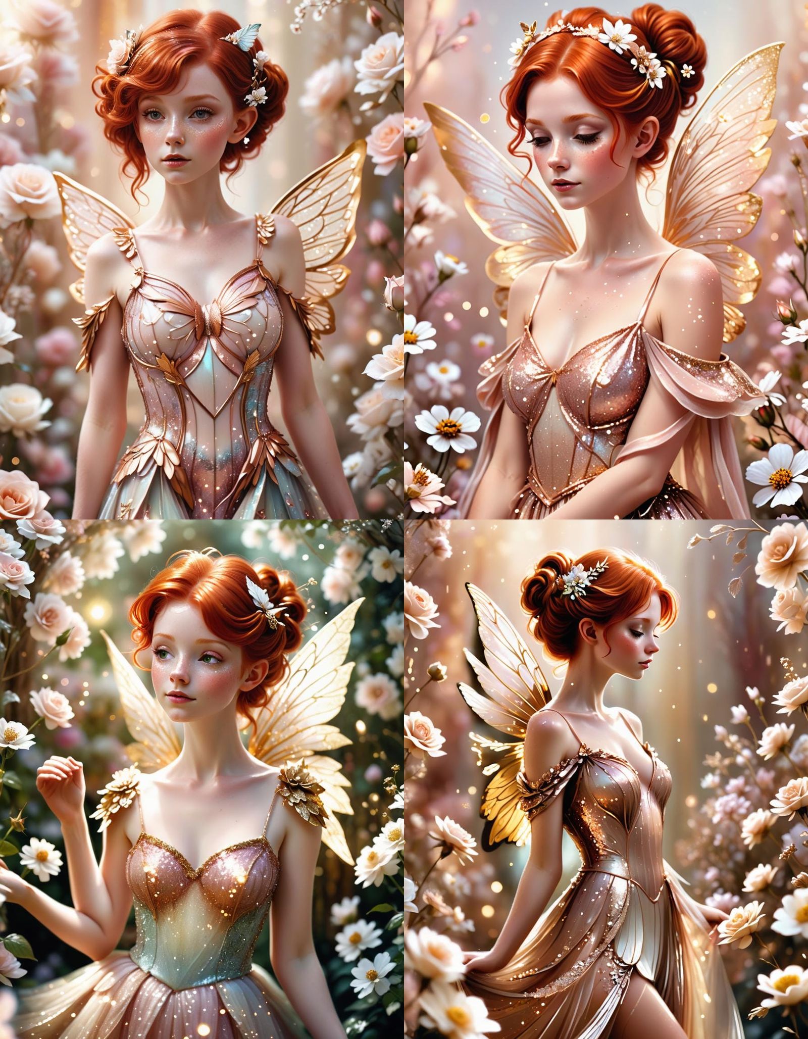 Redhead Fairy with Gold Wings in Dreamy Pastel Garden