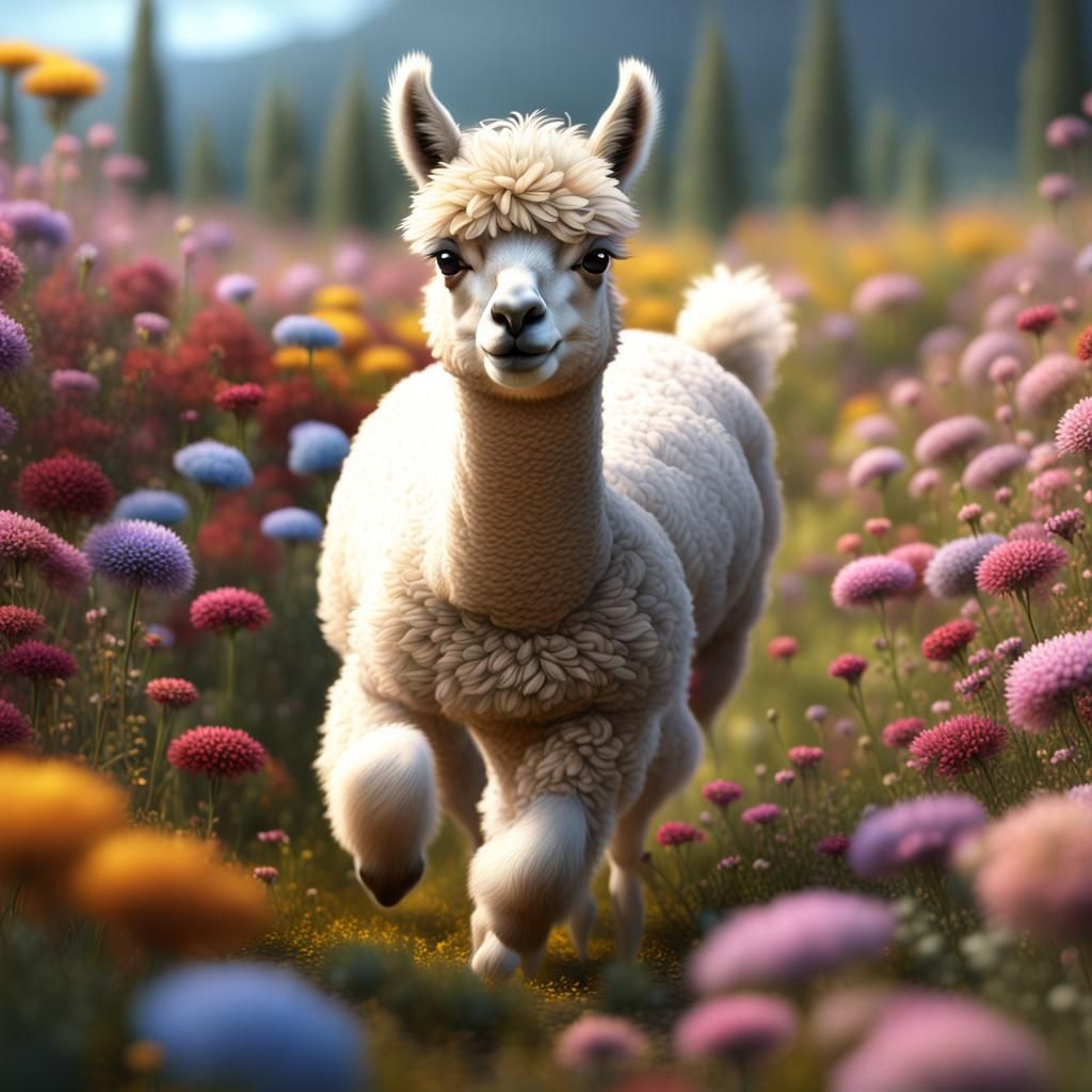 Baby Alpaca Runs Through Wildflower Field