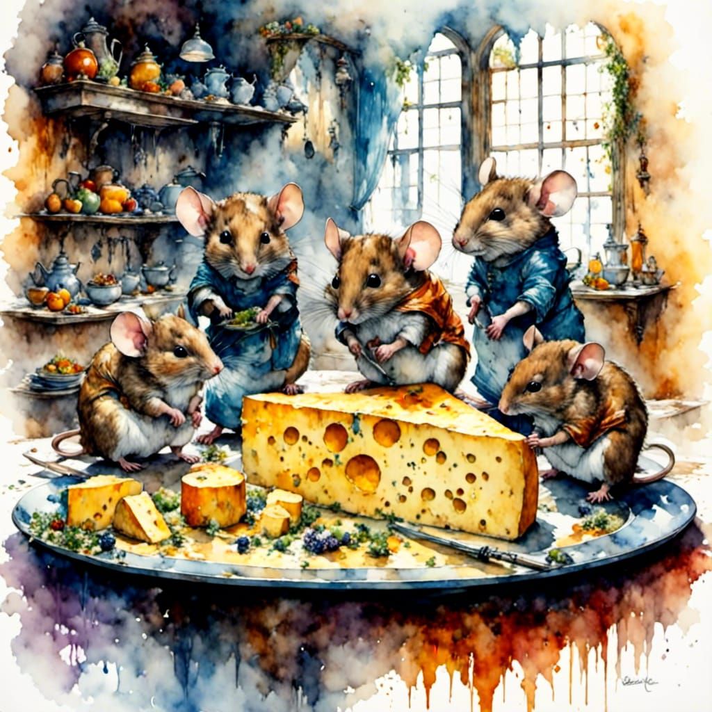 Mice at Dinner Table in Watercolor Style