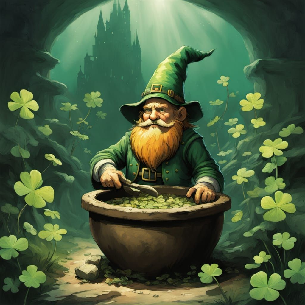 Emerald Gnome in Whimsical Pot, a Vivid St. Patrick's Day Ce...