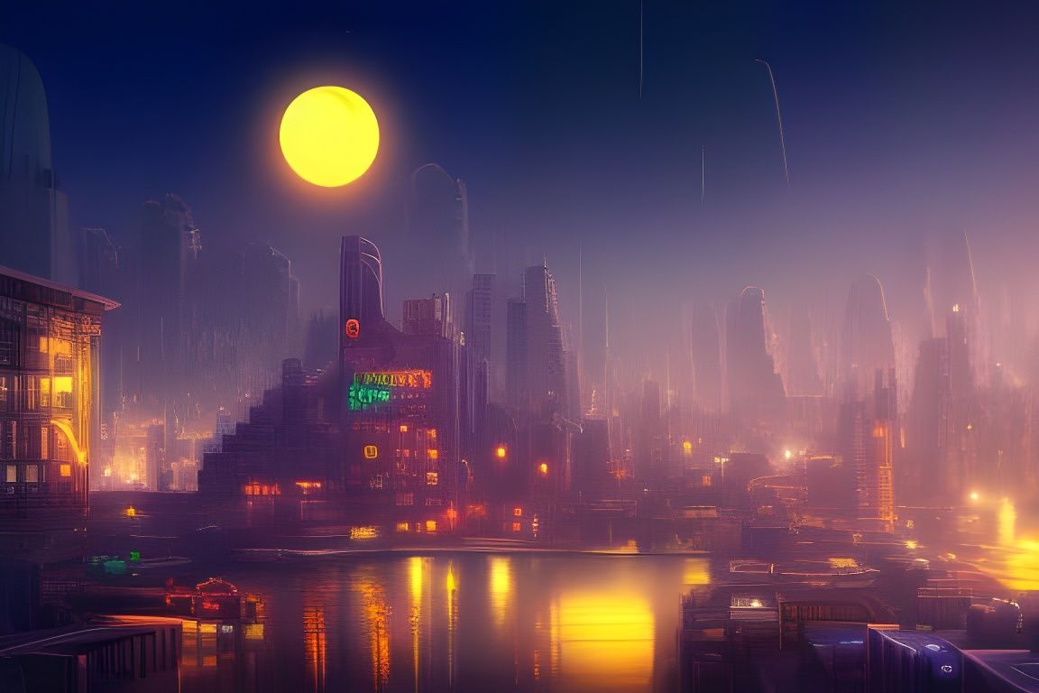 Neon Cityscape Under Moonlight, Digital Art