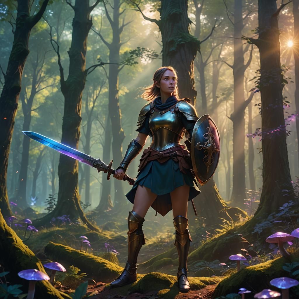 Heroic Woman at Mystical Forest Edge