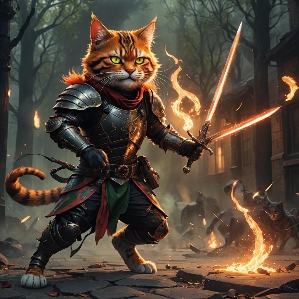 Humanoid Cat Warrior in Dark Fantasy Style
