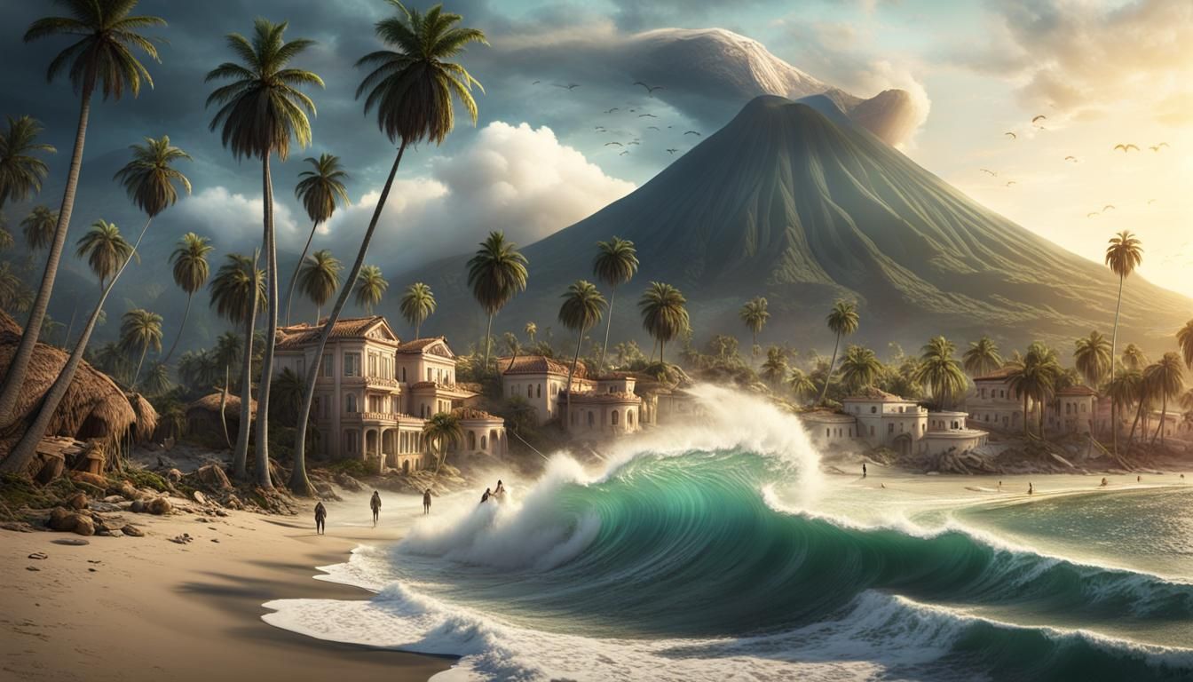 Tropical Volcano Eruption at Night, Matte Painting