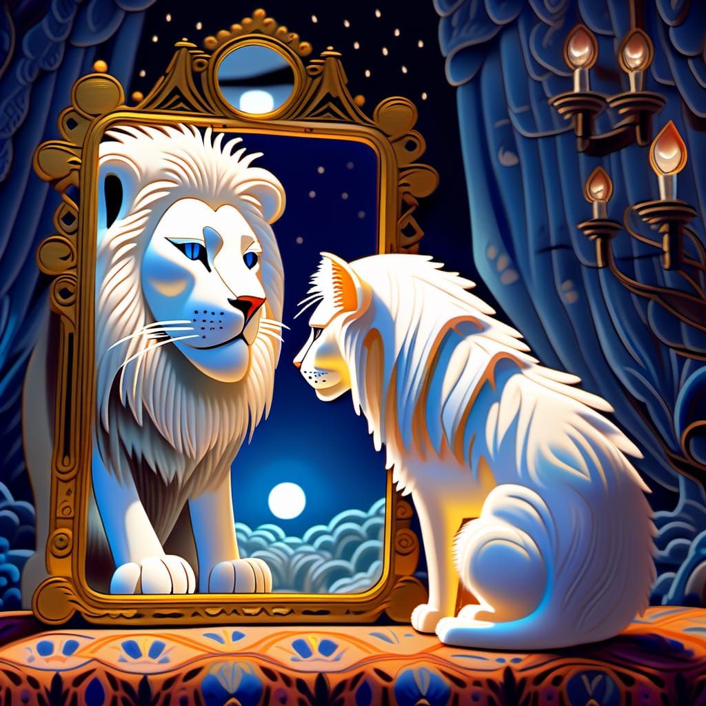 Magical Cat Mirror Reflection: Lion in the Night