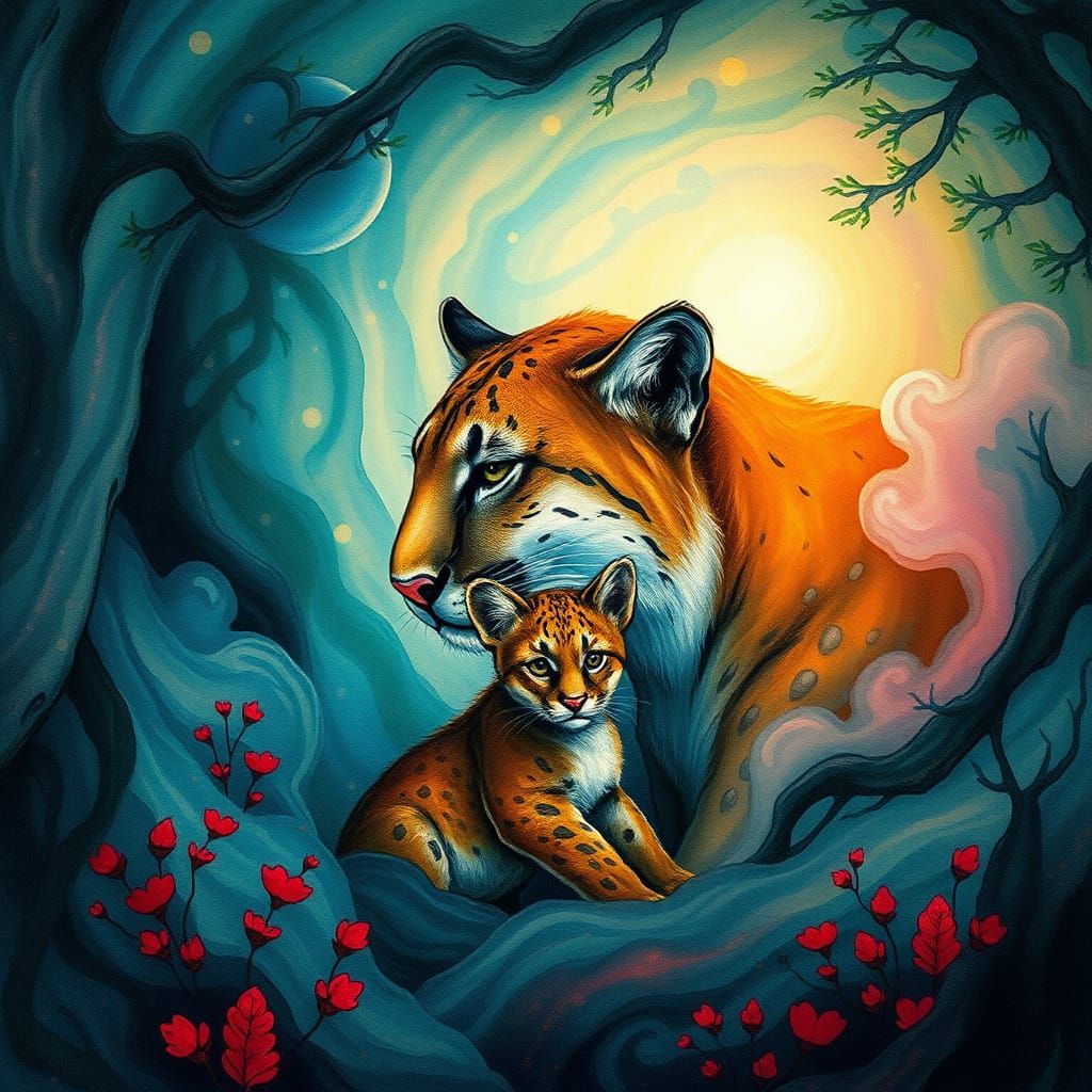 Cougar and Cub in Ethereal Forest Dreamscape