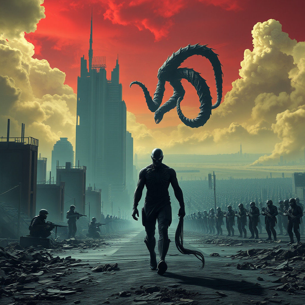 Brooding Venom Figure in Desolate Wasteland