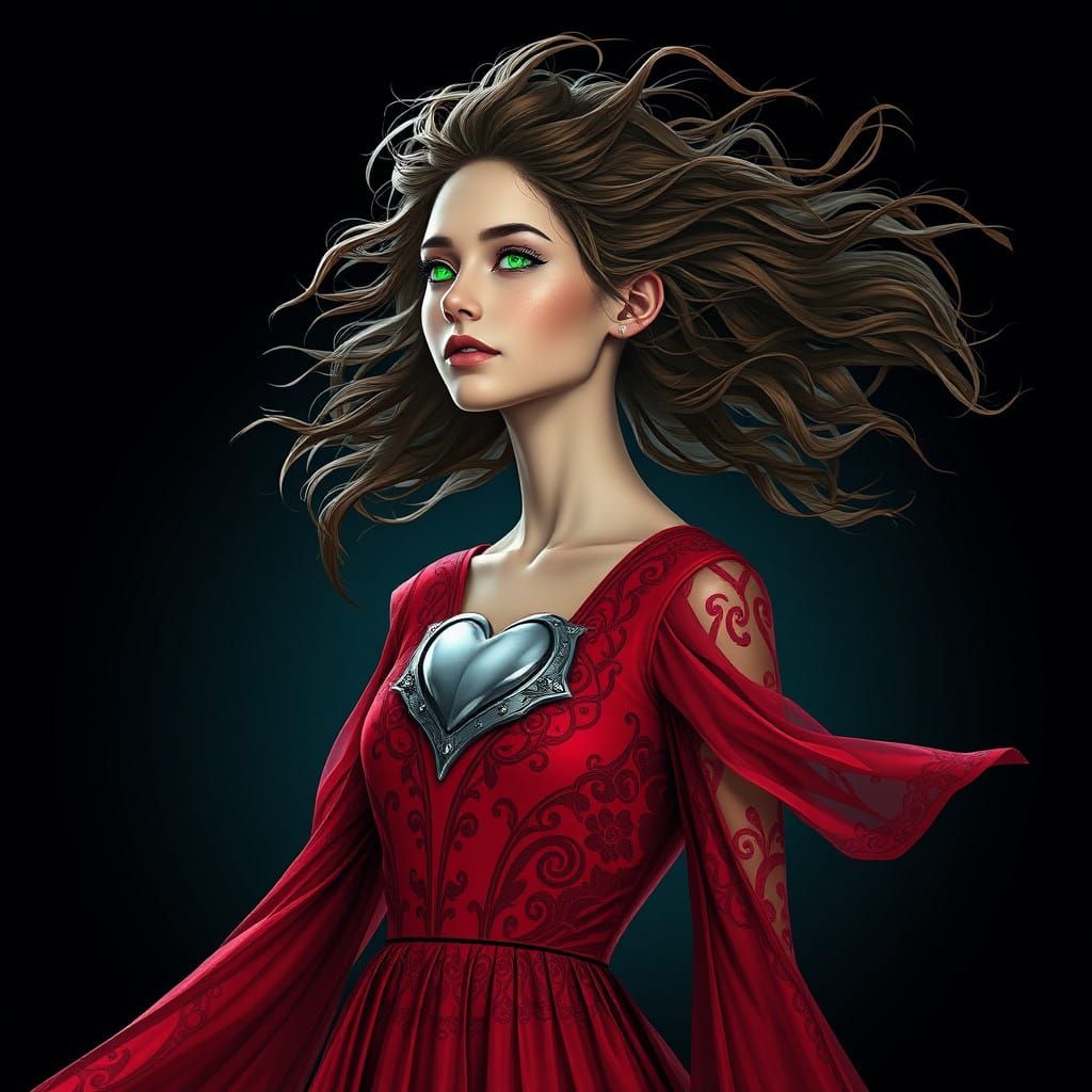 Ethereal Goddess in Red Art Nouveau Dress Against Dark Futur...