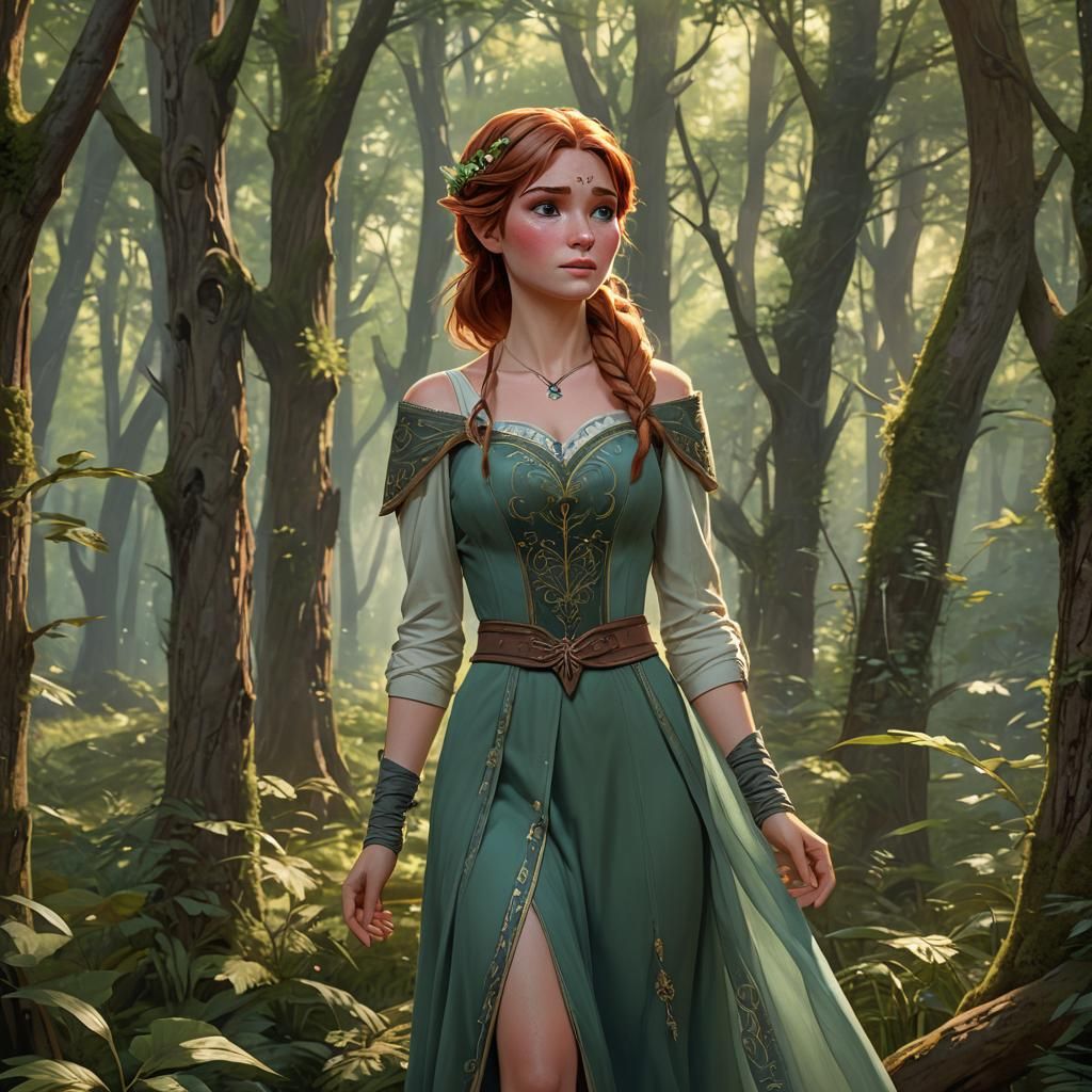 Anna from Frozen as an Elf in Forest, Hyperdetailed Art