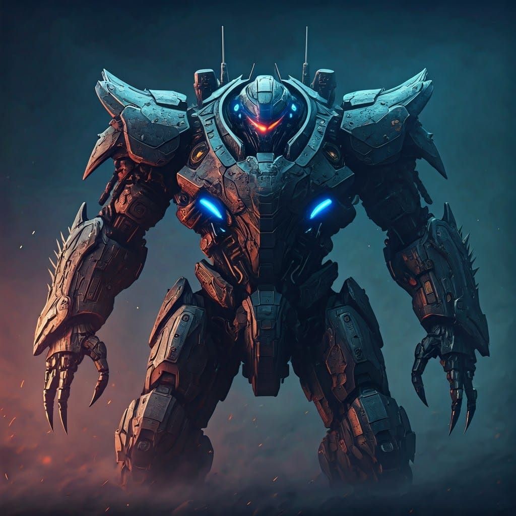 Armored Mecha Gears Up in Cyberpunk Cityscape