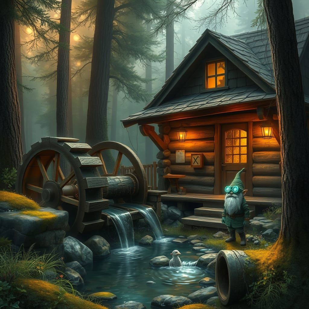 Ethereal Fantasy Scene with Waterwheel and Gnomes in Cozy Wo...
