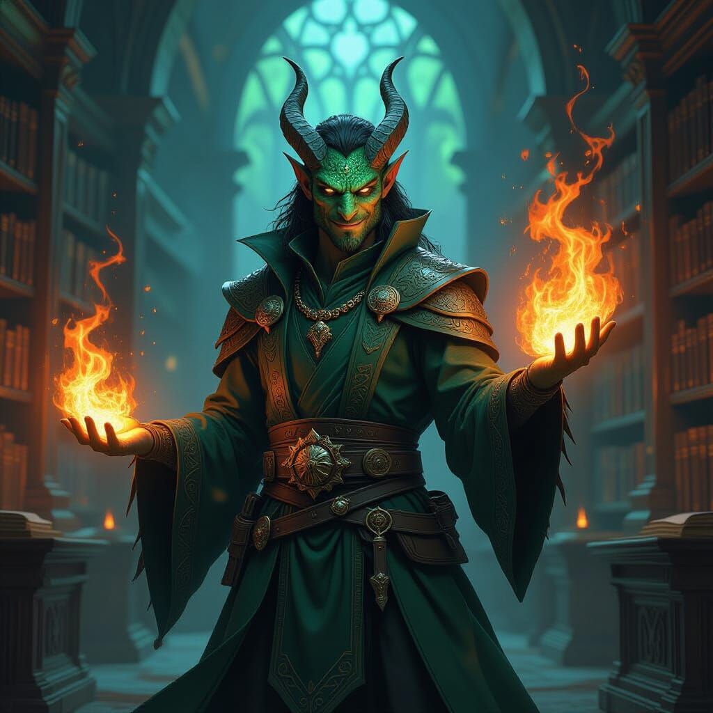 Emerald Dragonborn Wizard Conjures Fiery Magic in Ancient Li...