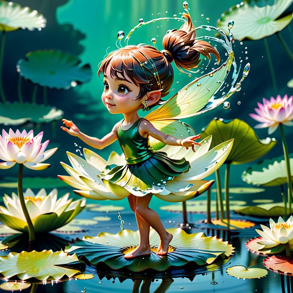 Hyperrealistic Pixie Twirling on Lily Pad