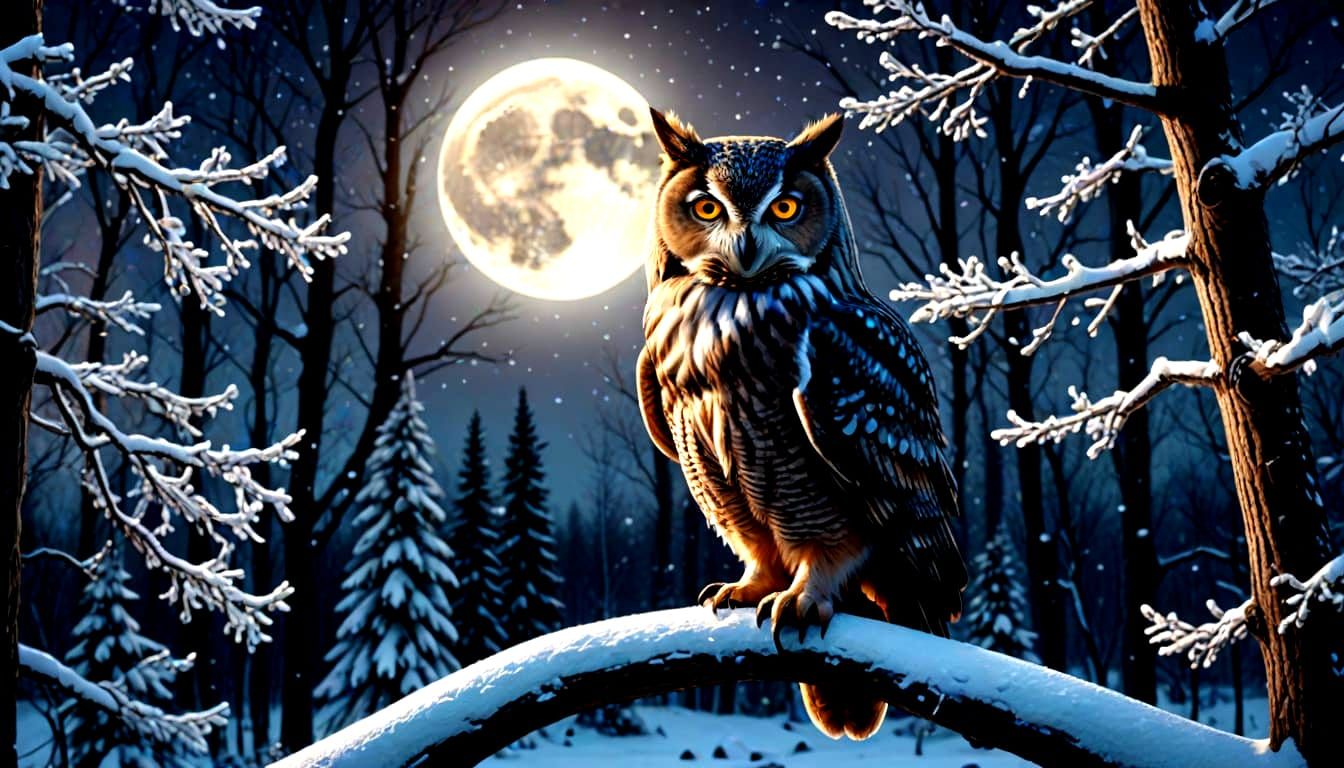 Majestic Owl and Wolves Under Pearlescent Moon