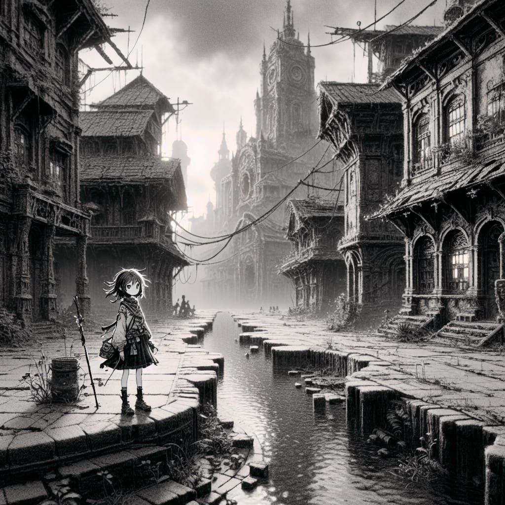 Gloomy Girl in Ghost Town: Anime-Style Charcoal Drawing
