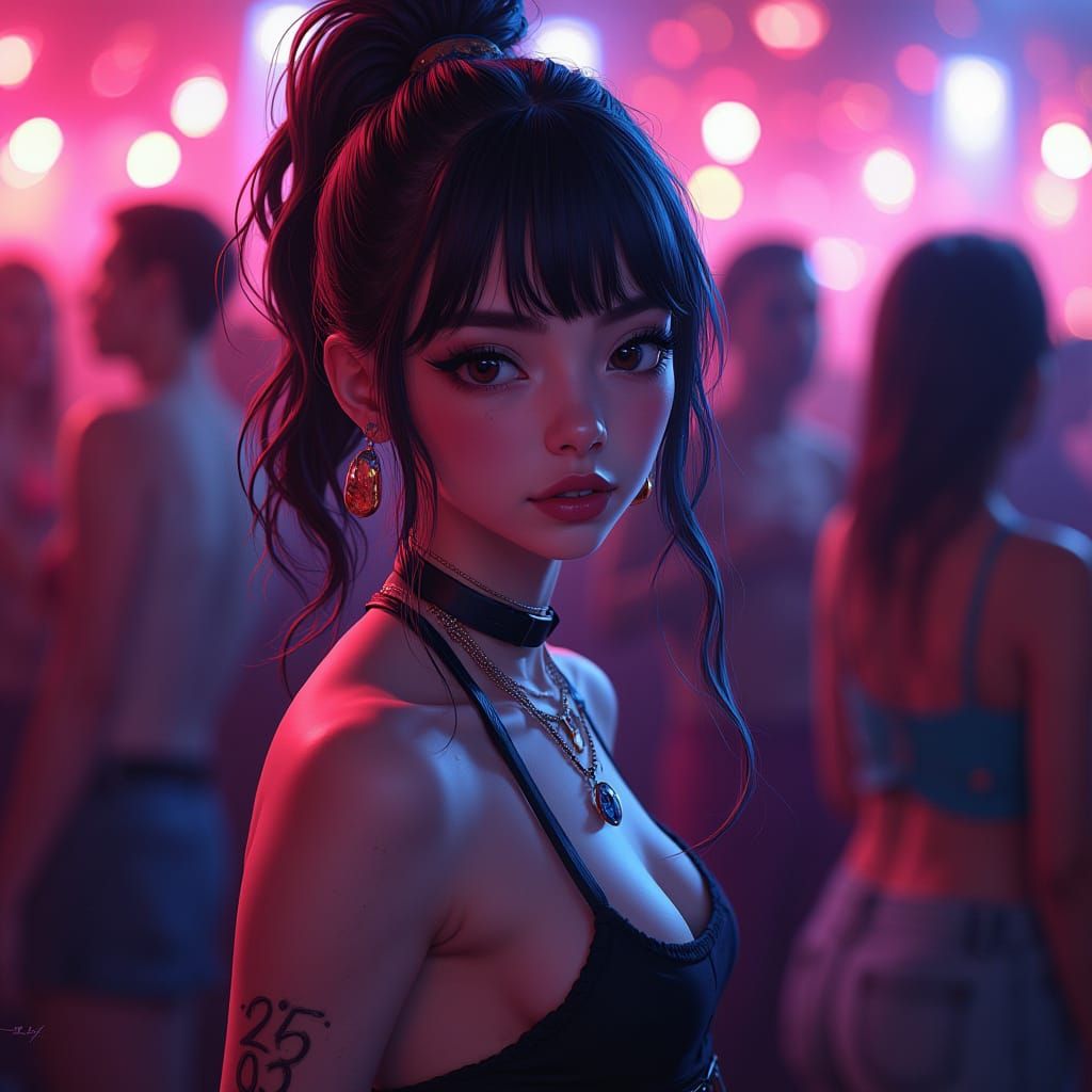Hyper-Realistic Young Woman at a Futuristic Party