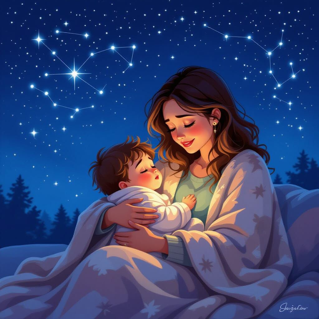 Comfort Under Starry Skies: Dreamy Whimsical Illustration