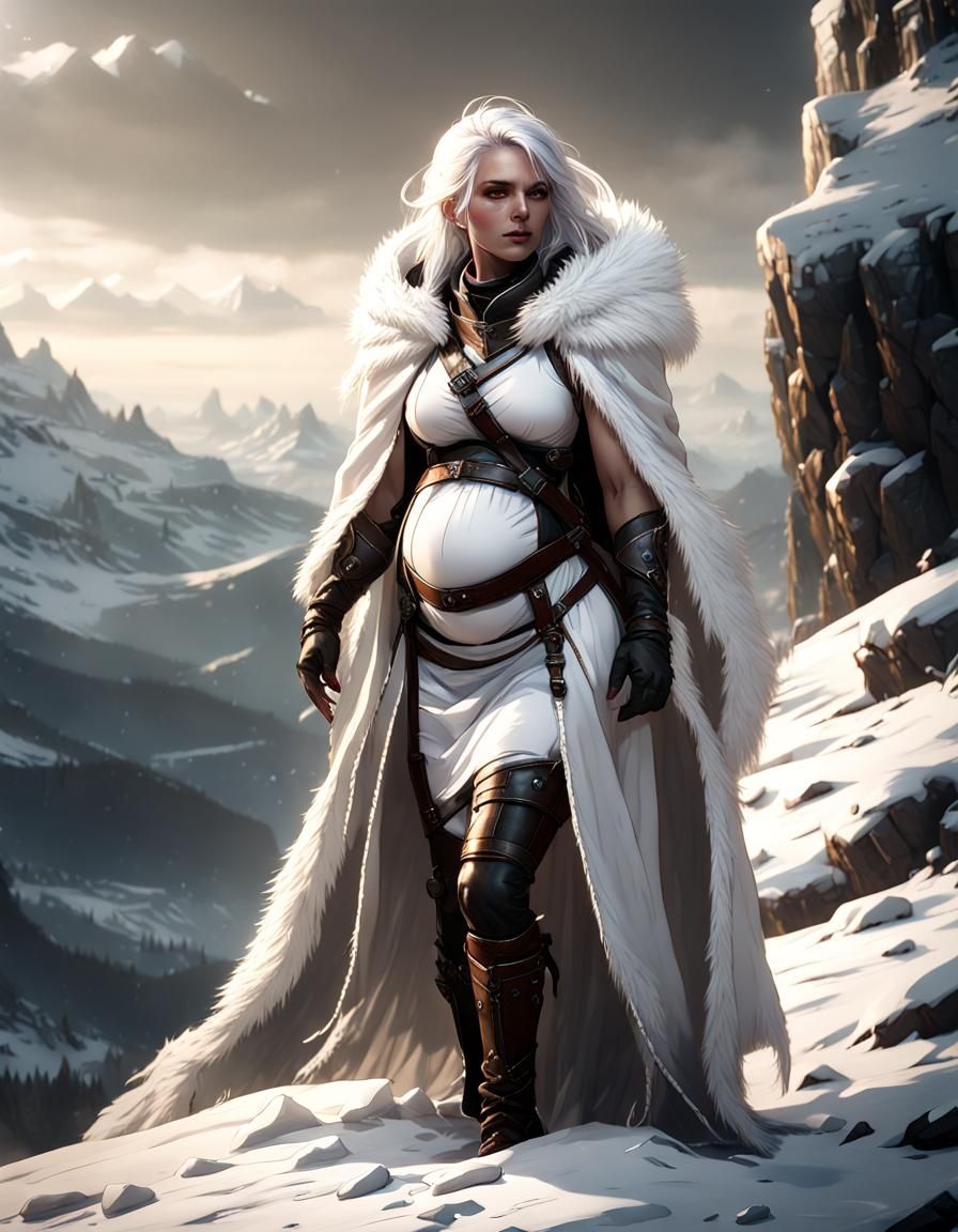 Pregnant Ranger on Snowy Mountain: Dark Fantasy Art