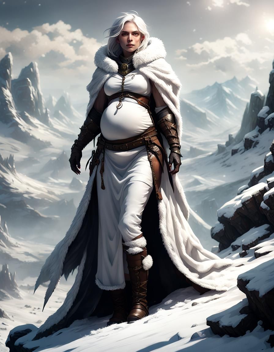 Pregnant Ranger on Snowy Mountain: Dark Fantasy Art