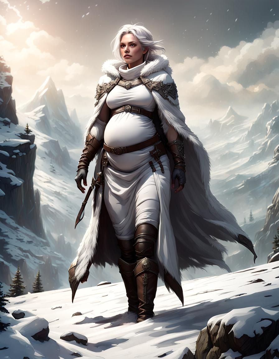 Pregnant Ranger on Snowy Mountain in Dark Fantasy Style