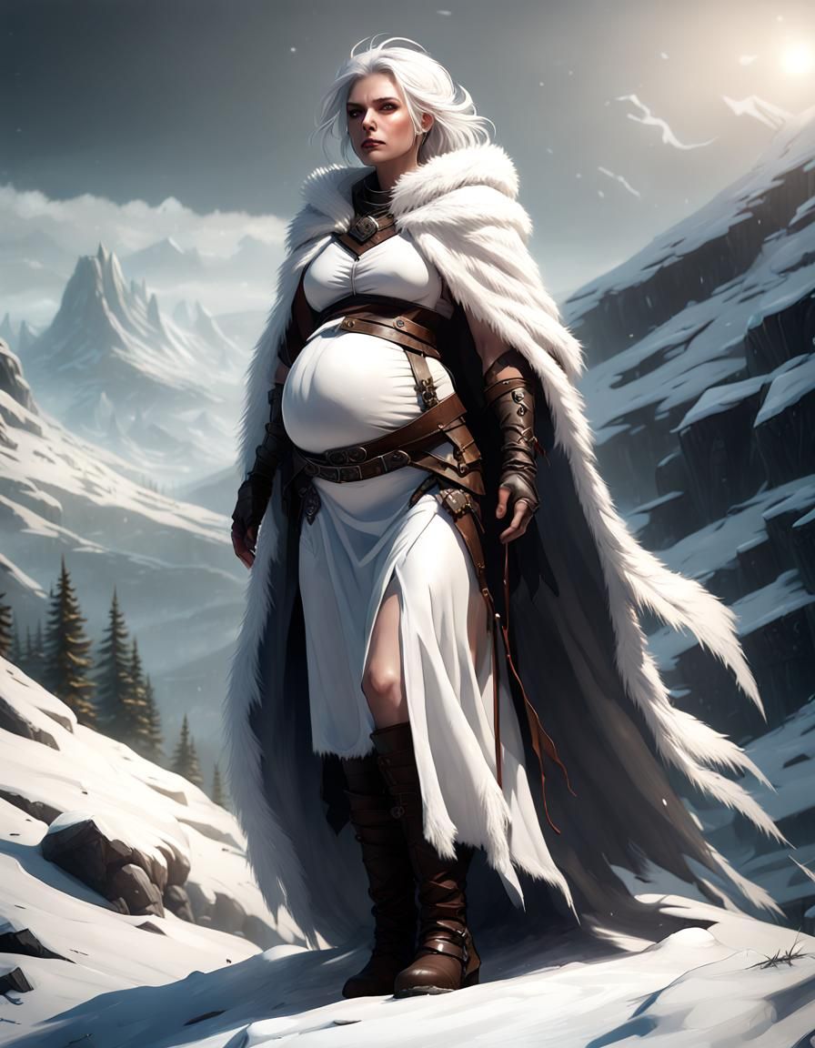 Pregnant Ranger on Snowy Mountain: Dark Fantasy Concept Art