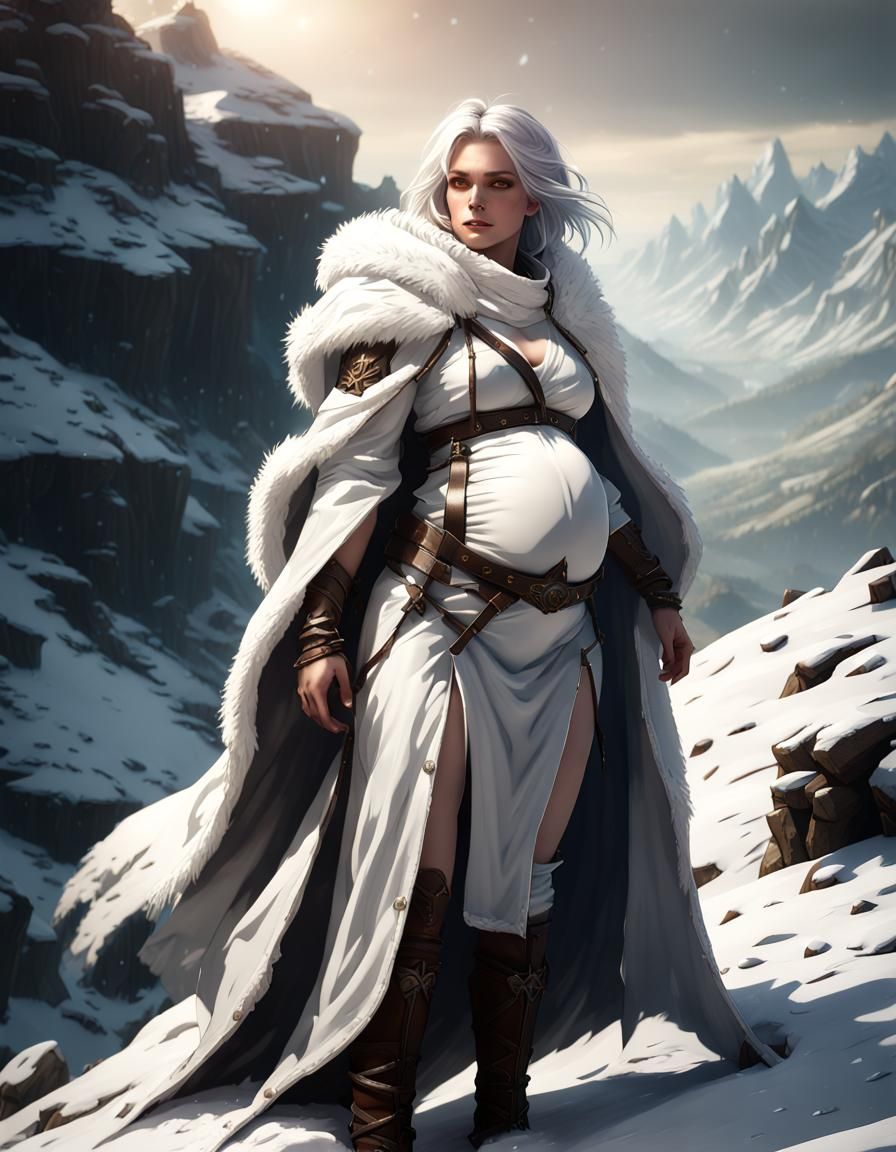 Pregnant Ranger on Snowy Mountain: Dark Fantasy Art