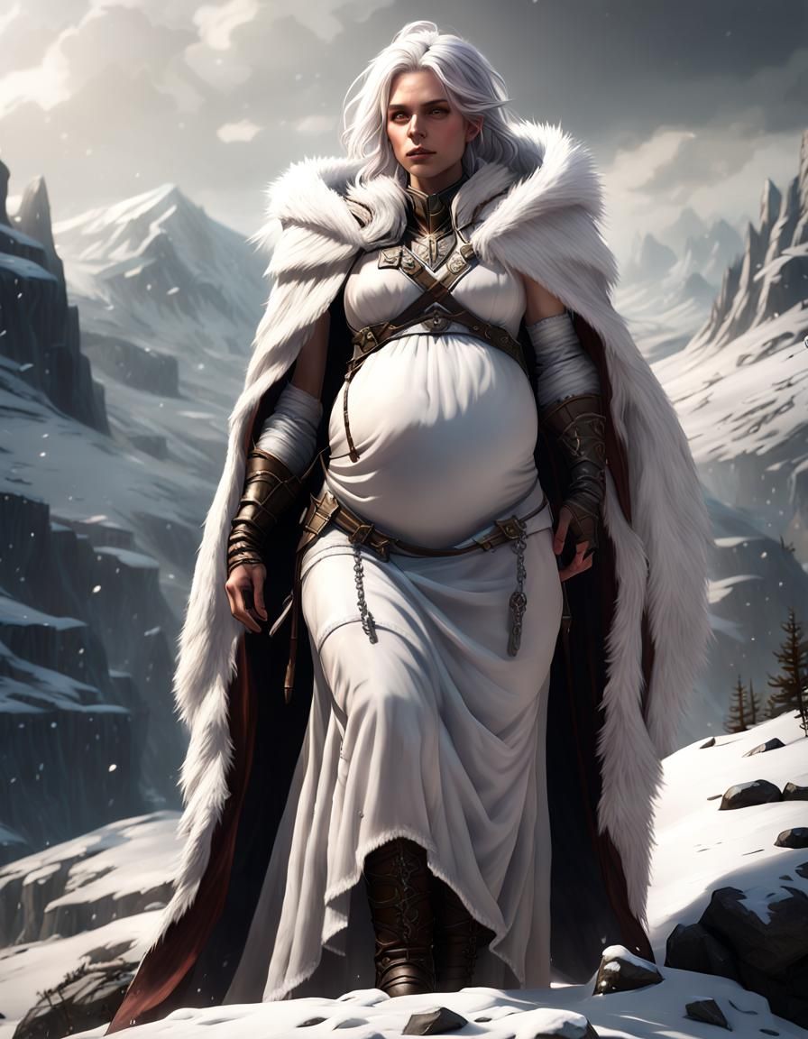 Pregnant Ranger on Snowy Mountain: Dark Fantasy Art