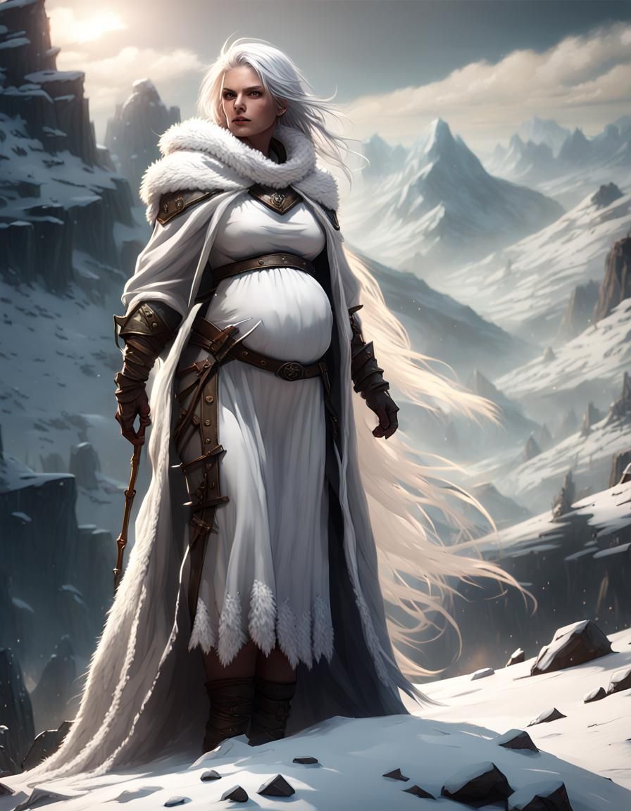 Pregnant Ranger on Snowy Mountain in Dark Fantasy Style